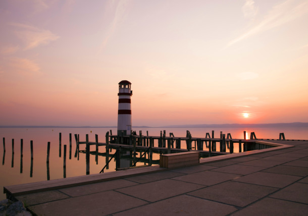     sunset, lighthouse Podersdorf, cycling (e-biking) around lake Neusiedler See 